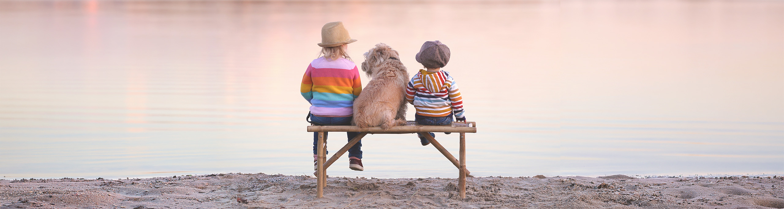 Zwei Kinder mit Hund in der Mitte sitzen in Harmonie auf einer Bank am Meer: Nehme Kontakt zu uns auf. Wir freuen uns.