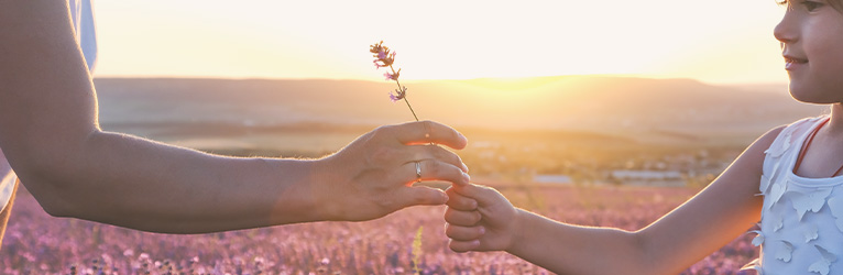 Kind reicht Mutter liebevoll einen Lavendelhalm: Halt und liebevolle Wegbegleitung (Mentoring) in Zeiten von Krise, Trauer, Umbruch.